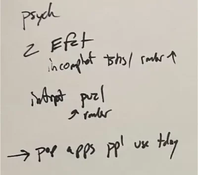 Handwritten notes about psychology concepts, mentioning “Z effect,” incomplete tasks, and apps people use today.