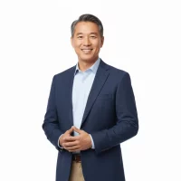 Smiling man in a navy blazer standing with hands clasped.