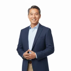 Smiling man in a navy blazer standing with hands clasped.