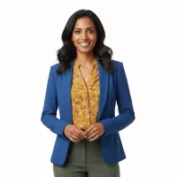 Smiling woman wearing a blue blazer and yellow patterned blouse.