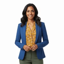 Smiling woman wearing a blue blazer and yellow patterned blouse.