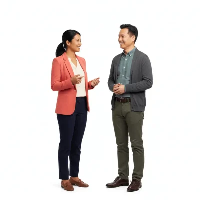 Two colleagues smiling and talking while standing face to face.